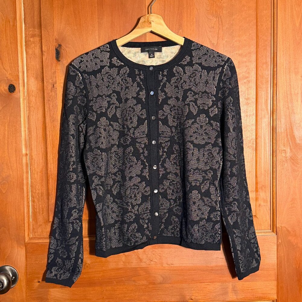 Ann Taylor Cardigan black damask Womens M